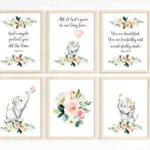 Scripture Verse Prints for Kids, Set of 6, Girl Nursery Prints, Blush Pink Nursery Decor, Floral Nursery Decor, Elephant Wall Art, Printable