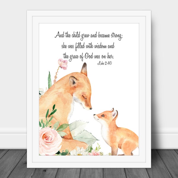 Bible verse nursery art, Fox nursery wall art, Scripture for kids, Kids Bible quote prints, Woodland animals, Girl room decor, Printable