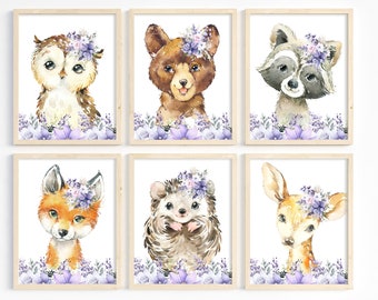 Purple nursery art - Woodland animals wall art - Toddler girl room - Girl bedroom decor - Lavender flowers with animals - Animal print set