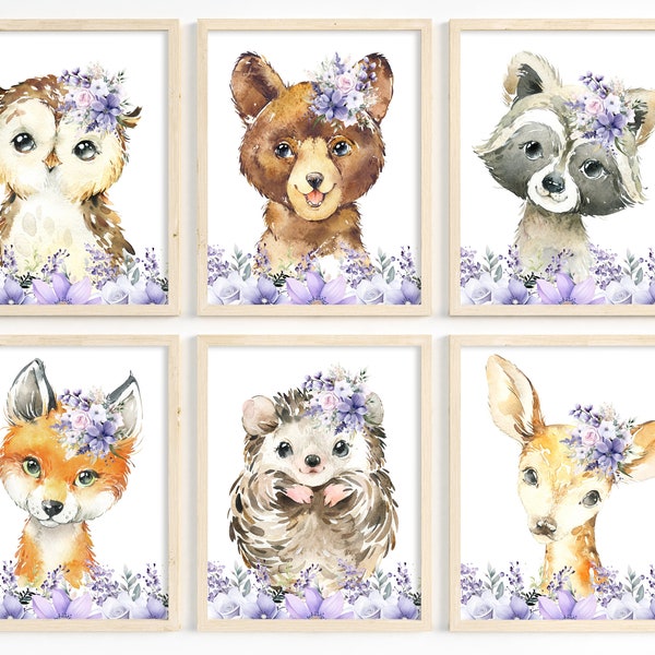 Purple nursery art - Woodland animals wall art - Toddler girl room - Girl bedroom decor - Lavender flowers with animals - Animal print set