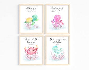 Kids Bible Verse Prints, Under the Sea Nursery Wall Art, Christian Nursery Decor, Girl Nursery Art, Scripture Verse for Kids, Printable