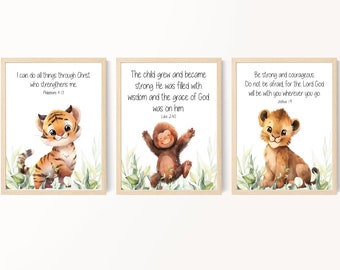 Kids Bible Verse Wall Art, Christian Child Decor, Safari Animals Wall Art, Scripture Prints for Kids, Boy Bedroom Decor, Mighty Jungle