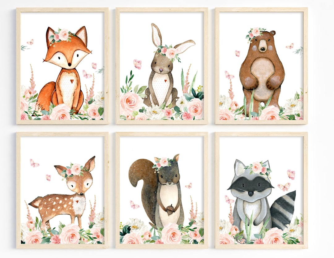 Woodland Girl Nursery Art, Woodland Animal Prints, Blush Girl Room