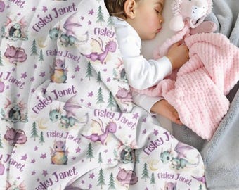 Personalized Dragon Swaddle, Custom Baby Girl Dragon Blanket, Purple Dragon Minky with Name, Dragon Baby Blanket for Girl, Dragon Nursery