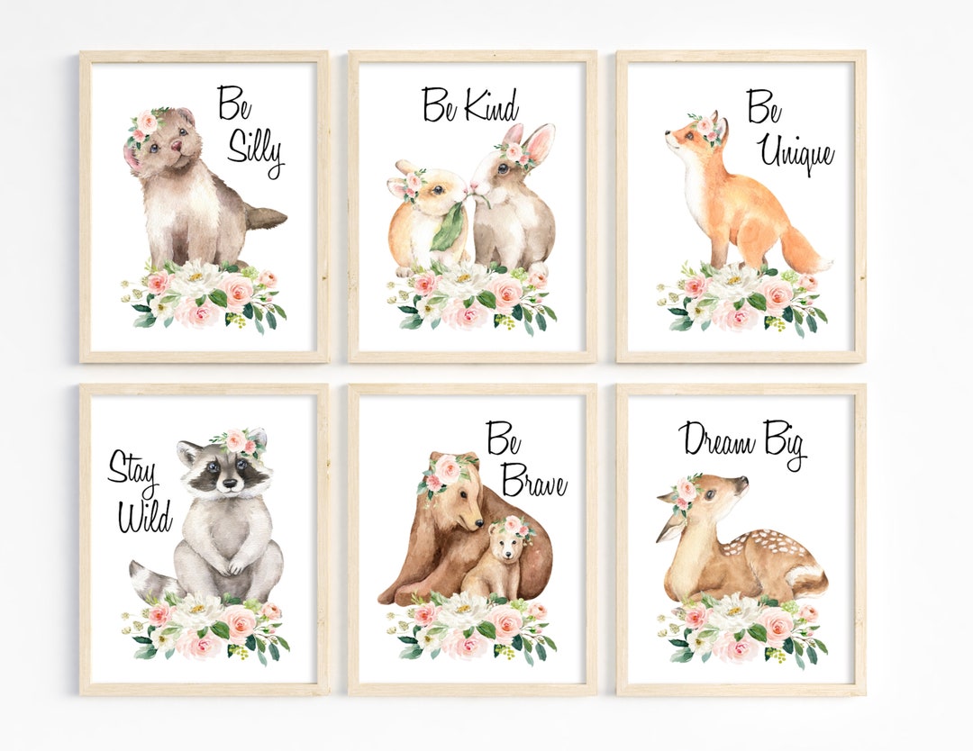 Woodland Animal Wall Prints, Baby Girl Wall Art Prints, Girl Room Decor