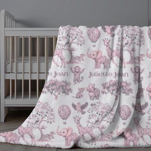 Toile Pattern Baby Blanket, Personalized Safari Animal Blanket, Custom Toile Name Blanket, Girl Safari Nursery Decor, Toile Swaddle for Girl