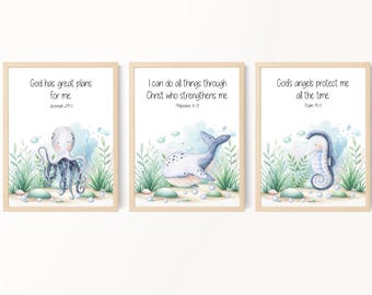 Under the Sea Nursery, Kids Bible Verse Wall Art, Scripture Verse Print, Christian Nursery Decor, Baby Boy Nursery Art, Whale, Printable