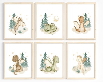 Dragon nursery art, Nursery printable art set, Boy nursery decor, Dragon prints, Mythical creatures, Fairytale baby dragons, Dragon painting