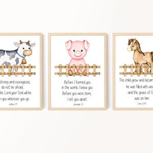May include: Three watercolor illustrations of farm animals with inspirational bible verses. A cow with black and white spots, a pink pig, and a brown horse. Each animal is standing behind a wooden fence.
