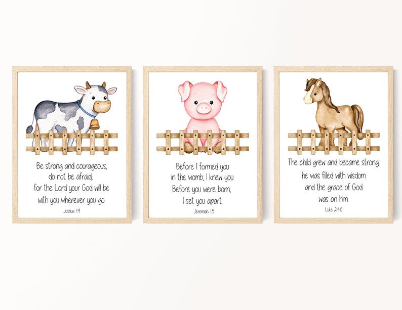 May include: Three watercolor illustrations of farm animals with inspirational bible verses. A cow with black and white spots, a pink pig, and a brown horse. Each animal is standing behind a wooden fence.