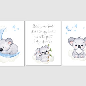 Koala Nursery Decor, Boy Nursery Decor, Koala Prints, Koala Bear Wall Art, Boy Room Decor, Blue Nursery Art, 3 Unframed Prints or Canvas