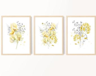 Wildflower Bouquet Prints, Yellow Gray Flower Prints, Watercolor Flowers, Bedroom Wall Art, Living Room Wall Art, Farmhouse Decor, Printable