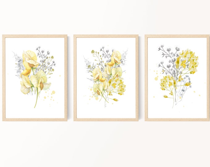 Yellow Gray Black Abstract Painting Printable Wall Art Set of 3 Prints ...