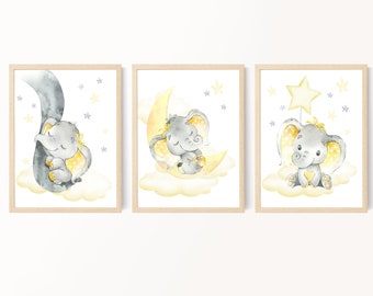 Gender neutral nursery decor, Yellow Grey nursery art, Printable, Elephant nursery art, Baby room decorations, Elephant theme baby decor