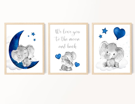 Elephant on Moon Print, Boy Nursery Decor, Boy Room Wall Art, Navy