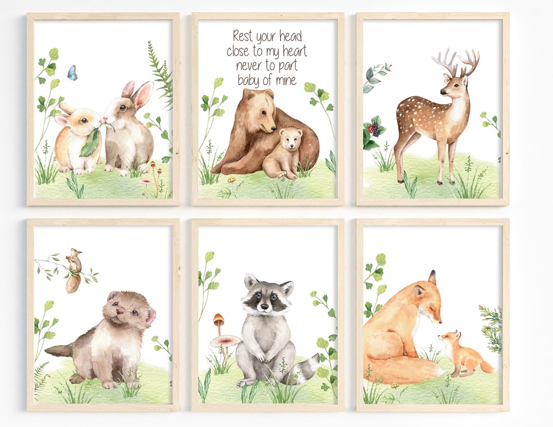 6 Woodland Nursery Prints, DIY Nursery Art, Woodland Animal Print Set ...