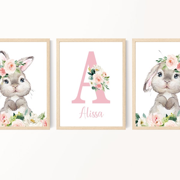 Bunny Wall Art, Blush Pink Nursery Decor, Girl Nursery Room Decor, Floral Nursery Art, Personalized Bunny Prints, New Baby Gift, Printable