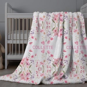 Pink Floral Baby Blanket Girl, Personalized Baby Girl Blanket, Flower Baby Name Swaddle, Custom Minky Blanket Modern Style, New Baby Gift