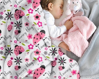 Pink Ladybug Swaddle Blanket, Baby Girl Name Blanket, Personalized Baby Name Blanket, Custom Minky Blanket, New Baby Gift