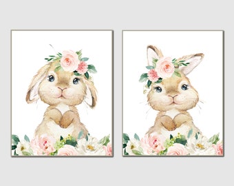 Bunny Rabbit Nursery Prints, Bunny Room Decor, Blush Pink Floral Nursery Art, Baby Girl Room Decor, Girl Bedroom Art, Printable Nursery Art