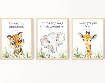 Kids Bible verse wall art, Safari animals nursery prints, Jungle theme, Scripture prints for kids, Boy room decor, Unframed Prints or Canvas