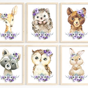 Woodland Animal Prints, Girl Bedroom Decor, Baby Girl Nursery Wall Art, Nursery Animal Prints, Kids Room Decor, Floral Nursery Prints,Purple
