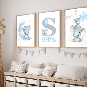 Boy Nursery Decor, Blue Gray Nursery Decor, Elephant Nursery Art, Name, Baby Shower Gift, Elephant Baby Room Art, Unframed Prints or Canvas