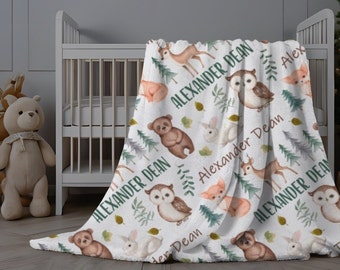 Woodland Blanket Baby Boy, Personalized Baby Animals Name Blanket, Custom Minky Blanket, Forest Animals Infant Swaddle
