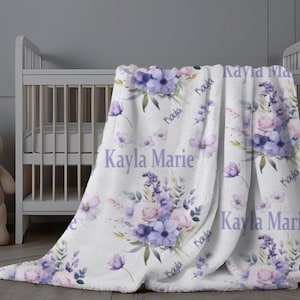 Purple Floral Baby Name Blanket, Personalized Baby Girl Blanket, Baby Name Swaddle Blanket, Custom Minky Blanket