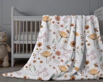 Personalized Baby Blanket, Wildflower Blanket Baby Girl, Personalized Baby Gift, Custom Girl Name Blanket, Wildflower Nursery Crib Blanket