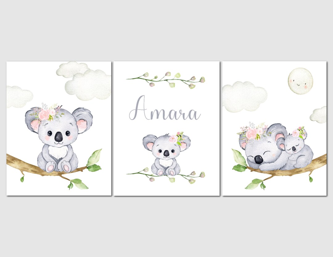 Koala Nursery Art, Koala Prints, Baby Girl Nursery Decor, Girl Bedroom