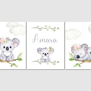 Koala nursery art, Koala prints, Baby girl nursery decor, Girl bedroom decor, Personalized, New baby gift, 3 Unframed Prints or Canvas