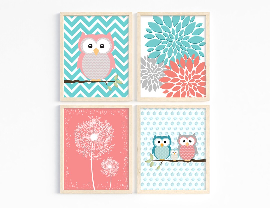 Owl Nursery Prints, Coral Aqua Nursery Decor, Girl Bedroom Wall Art ...