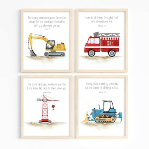 Kids Bible verse wall art, Construction nursery prints, Truck print set, Scripture prints for kids, Boy room decor, Sunday school, Printable