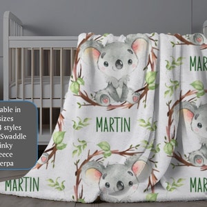 Koala Personalized Baby Blanket, Koala Baby Boy Name Blanket, Custom Baby Boy Minky Blanket, Boy Koala Blanket