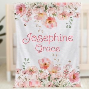 Personalized Floral Baby Blanket Girl, Custom Flower Blanket for Girl, Newborn Baby Gift, Hospital Blanket, Blush Pink Floral Name Blanket