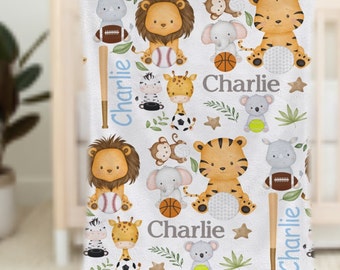 Personalized Baby Blanket, Safari Sports Blanket Kids, Custom Sports Blanket with Name, Animals Playing Sports, Personalized Gift, Baby Gift