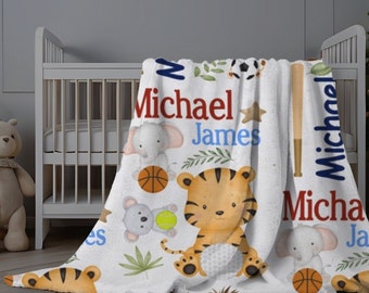 Personalized Baby Blanket, Sports Blanket for Kids, Baby Name Blanket, Jungle Animals, Custom Safari Minky Blanket