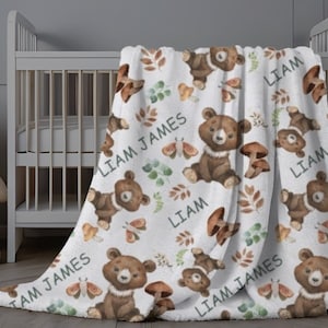 Woodland Blanket Baby, Personalized Baby Boy Blanket, Forest Animals Blanket, Baby Bear Blanket, Custom Baby Name Swaddle, Personalized Gift