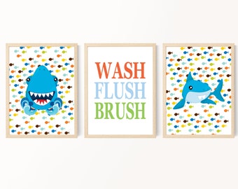 Shark Bathroom Decor, Kids Bathroom Decor, Children's Bathroom Decor, Wash Brush Flush Prints, Kids Bathroom Signs, Printable