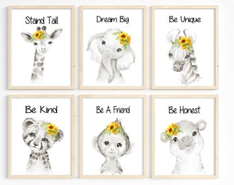 Sunflower Nursery Art Girl, Set of 6, Safari Animal Girl Room Decor, Baby Girl Nursery Art, Black and White Animal Prints Girl, Printable
