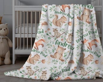Woodland Animal Blanket Baby Boy, Woodland Swaddle, Personalized Blanket with Forest Animals, Custom Baby Gift, Raccoon, Fox, Hedgehog Minky