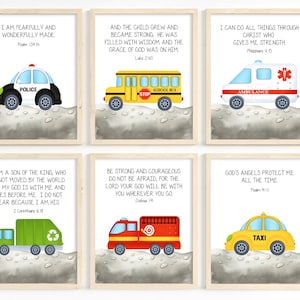 Kids Bible Verse Wall Art, Christian Nursery Decor, Baby Boy Nursery Art, Transportation Wall Art, Cars Trucks Prints, Scripture Verse Print