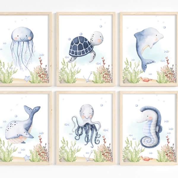 Set of 6, Sea animal prints, Nautical nursery art, Boy nursery art, Under the sea wall art, Ocean nursery art, Ocean animal print, Printable