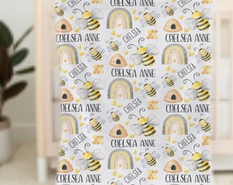 Personalized Baby Blanket, Honeybee Name Blanket, Custom Baby Girl Minky Blanket, Kids Blanket with Bees, Baby Name Honeybee Blanket