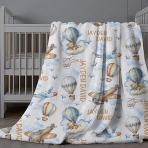 Airplane Baby Blanket Personalized, Baby Boy Name Blanket Airplanes, Hot Air Balloon Blanket, Custom Swaddle Airplane, Personalized Gift