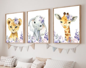 Purple and Pink Nursery Decor, Animals with Flowers, Pink Purple Baby Decor, Baby Girl Animal Prints, Elephant, Unframed Prints or Canvas