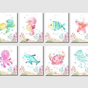 Under the sea nursery decor, Ocean theme nursery, Girl nursery ocean print, Girl nautical nursery art, Sea creatures wall art, 8 Printable