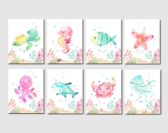 Under the sea nursery decor, Ocean theme nursery, Girl nursery ocean print, Girl nautical nursery art, Sea creatures wall art, 8 Printable
