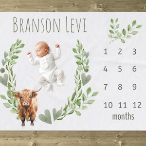 Highland Cow Milestone Blanket, Personalized Cow Baby Blanket, Farm Animal Baby Boy Month Blanket, Scottish Cattle Baby Growth Blanket